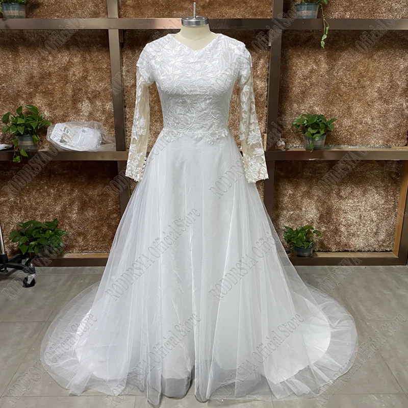 RODDRSYA Lace Wedding Dresses Long Sleeves Civil High V-neckline vestidos de novia Sparkling A-line Tulle Bridal Gown Plus Size