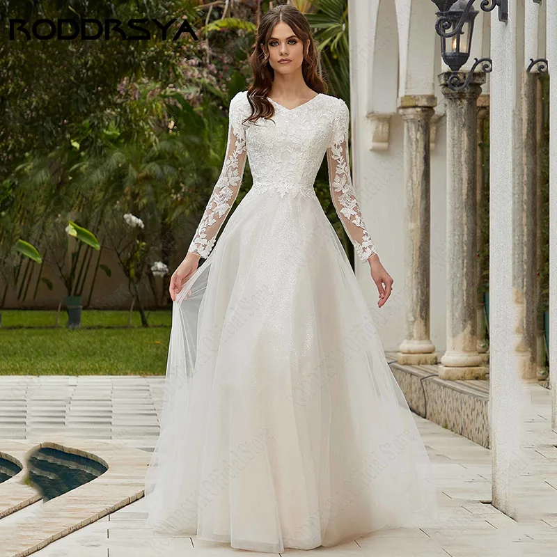 RODDRSYA Lace Wedding Dresses Long Sleeves Civil High V-neckline vestidos de novia Sparkling A-line Tulle Bridal Gown Plus Size