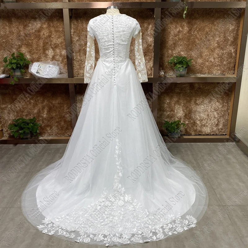 RODDRSYA Lace Wedding Dresses Long Sleeves Civil High V-neckline vestidos de novia Sparkling A-line Tulle Bridal Gown Plus Size