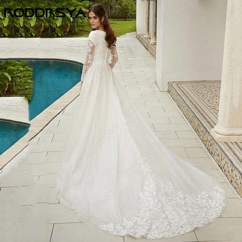 RODDRSYA Lace Wedding Dresses Long Sleeves Civil High V-neckline vestidos de novia Sparkling A-line Tulle Bridal Gown Plus Size