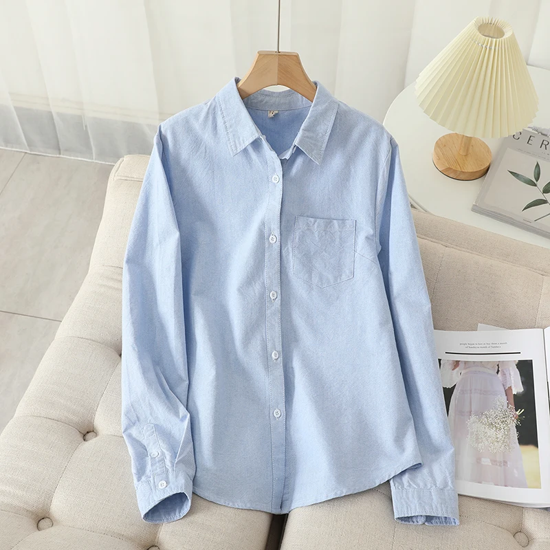 Casual Cotton Women's Oxford Shirt 2026 Autumn New Good Quality Woman Blouse and Tops Lady White Blue Striped Shirts Clothes