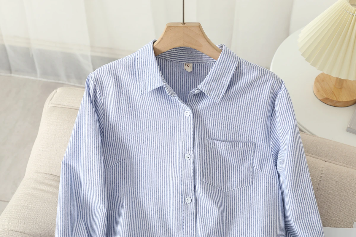 Casual Cotton Women's Oxford Shirt 2026 Autumn New Good Quality Woman Blouse and Tops Lady White Blue Striped Shirts Clothes
