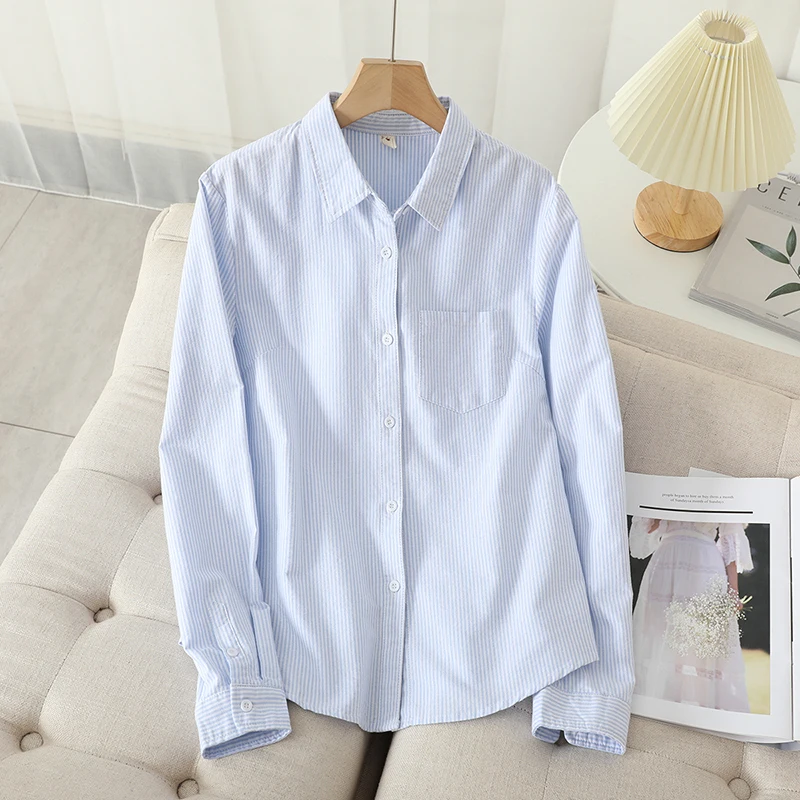 Casual Cotton Women's Oxford Shirt 2026 Autumn New Good Quality Woman Blouse and Tops Lady White Blue Striped Shirts Clothes