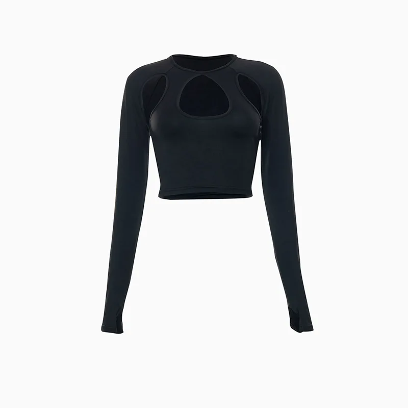 Side with Me 2024 Summer Long Sleeve Cropped Corset Women Top Sexy Aesthetic Club O Neck Fairy Grunge Black Women's T-Shirt
