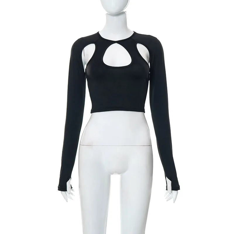 Side with Me 2024 Summer Long Sleeve Cropped Corset Women Top Sexy Aesthetic Club O Neck Fairy Grunge Black Women's T-Shirt
