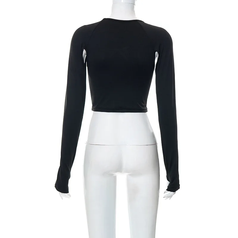 Side with Me 2024 Summer Long Sleeve Cropped Corset Women Top Sexy Aesthetic Club O Neck Fairy Grunge Black Women's T-Shirt
