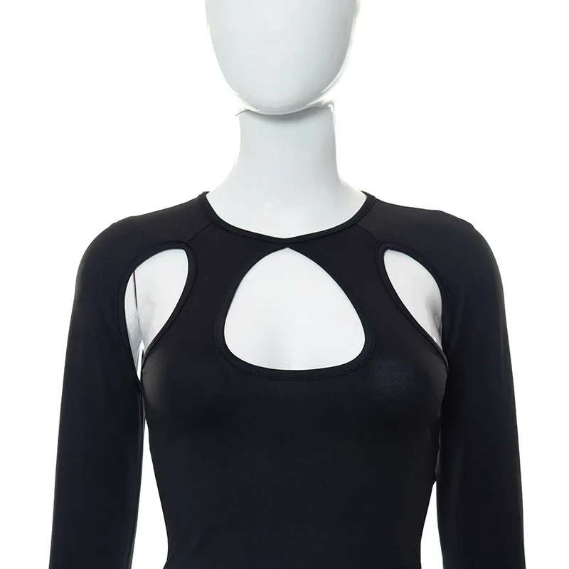 Side with Me 2024 Summer Long Sleeve Cropped Corset Women Top Sexy Aesthetic Club O Neck Fairy Grunge Black Women's T-Shirt
