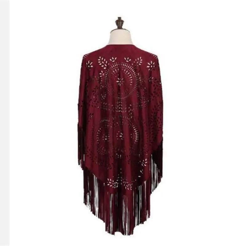 Camel Suede Floral Hollow Out Fringe Tassel Shawl Women Vintage Capes Ponchos Autumn Bohemian Cardigan Cloak Boho Capes