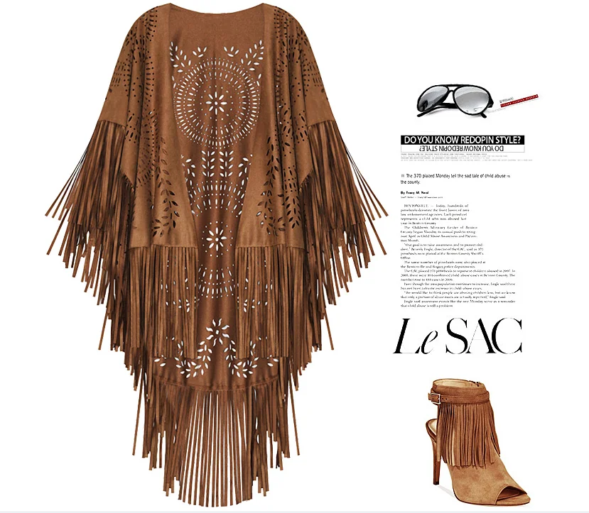 Camel Suede Floral Hollow Out Fringe Tassel Shawl Women Vintage Capes Ponchos Autumn Bohemian Cardigan Cloak Boho Capes