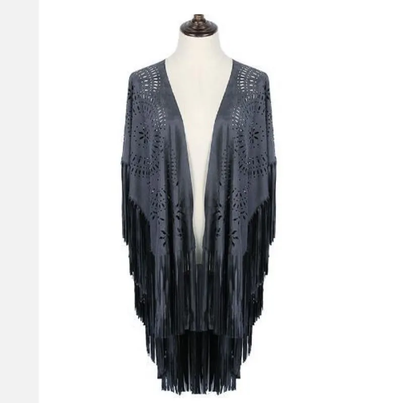 Camel Suede Floral Hollow Out Fringe Tassel Shawl Women Vintage Capes Ponchos Autumn Bohemian Cardigan Cloak Boho Capes