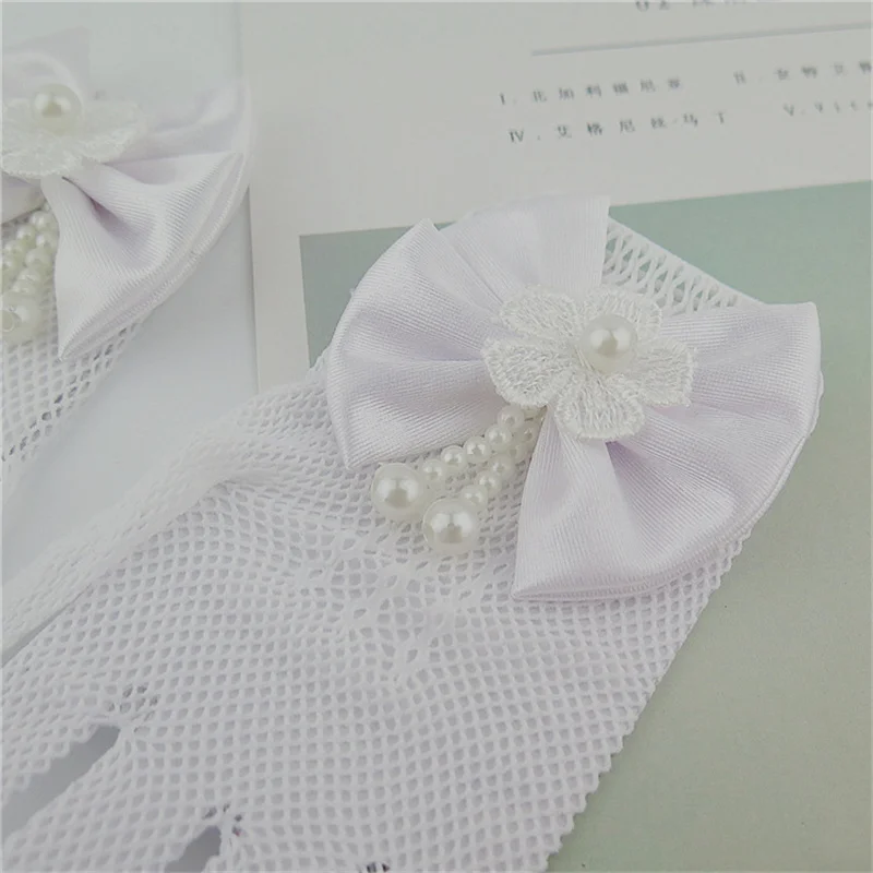 1 Pair Girls Kids White Lace Wedding Gloves Faux Pearl Bowknot Fishnet Gloves Communion Flower Girl Party Ceremony Accessories
