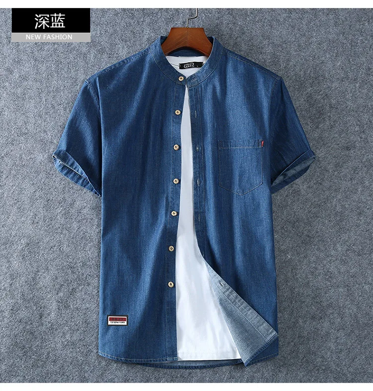 Men's Blue Denim Shirts Short Sleeve Jean Shirts New Summer High Quality Men Cotton Light Blue Denim Shirts Plus size L-8XL