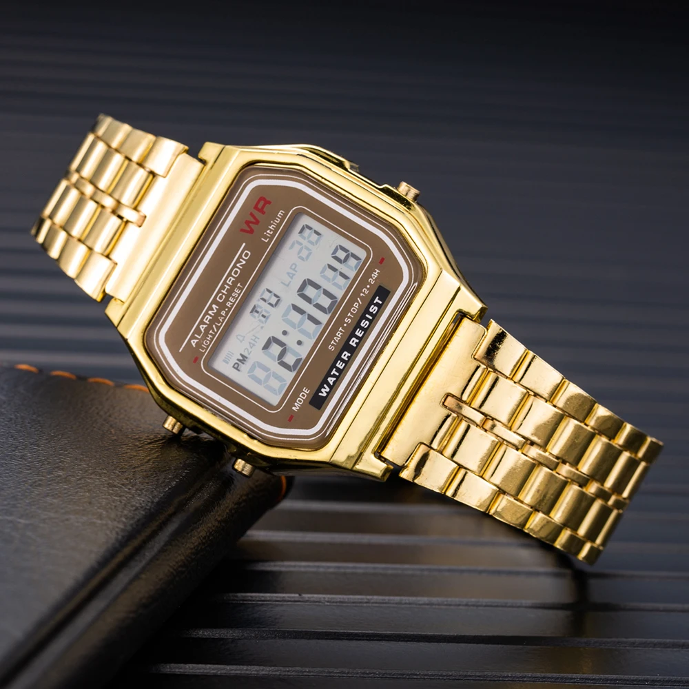 2Pcs Fashion Digital Men's Watches Gold Luxury Stainless Steel Link Bracelet Wrist Watch Band Business Electronic Male Clock
