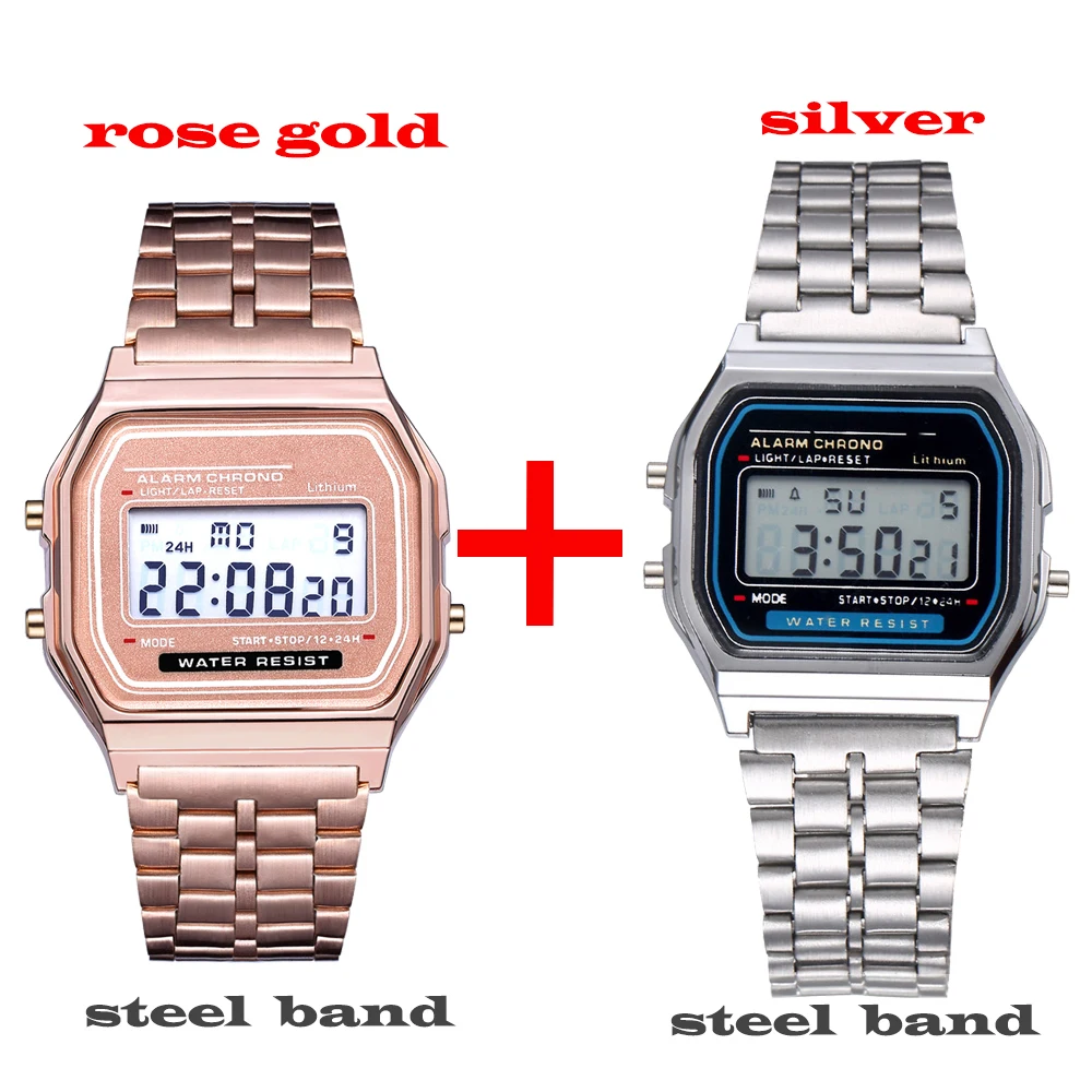 2Pcs Fashion Digital Men's Watches Gold Luxury Stainless Steel Link Bracelet Wrist Watch Band Business Electronic Male Clock