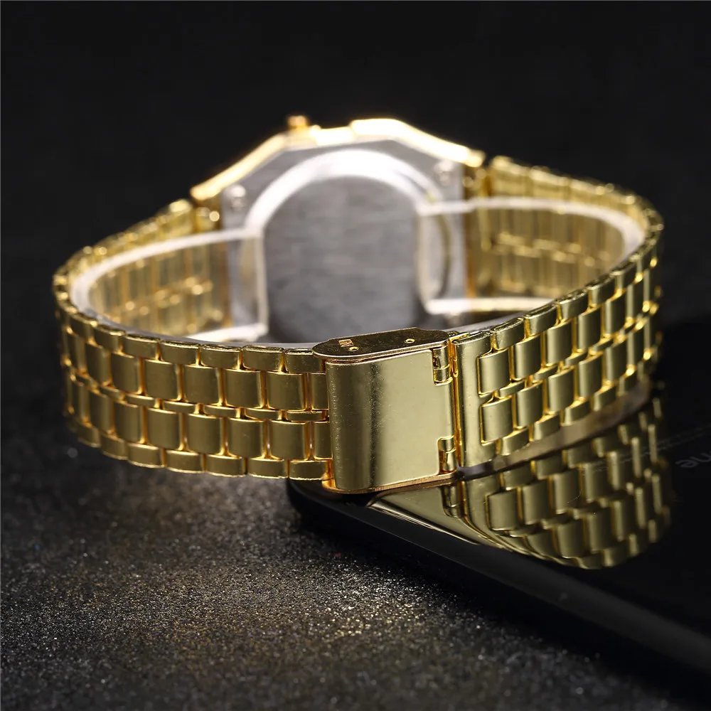 2Pcs Fashion Digital Men's Watches Gold Luxury Stainless Steel Link Bracelet Wrist Watch Band Business Electronic Male Clock