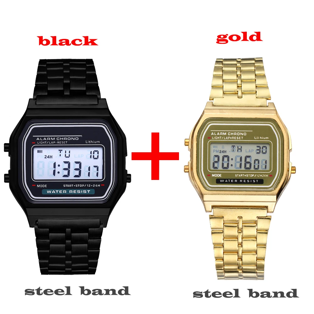 2Pcs Fashion Digital Men's Watches Gold Luxury Stainless Steel Link Bracelet Wrist Watch Band Business Electronic Male Clock
