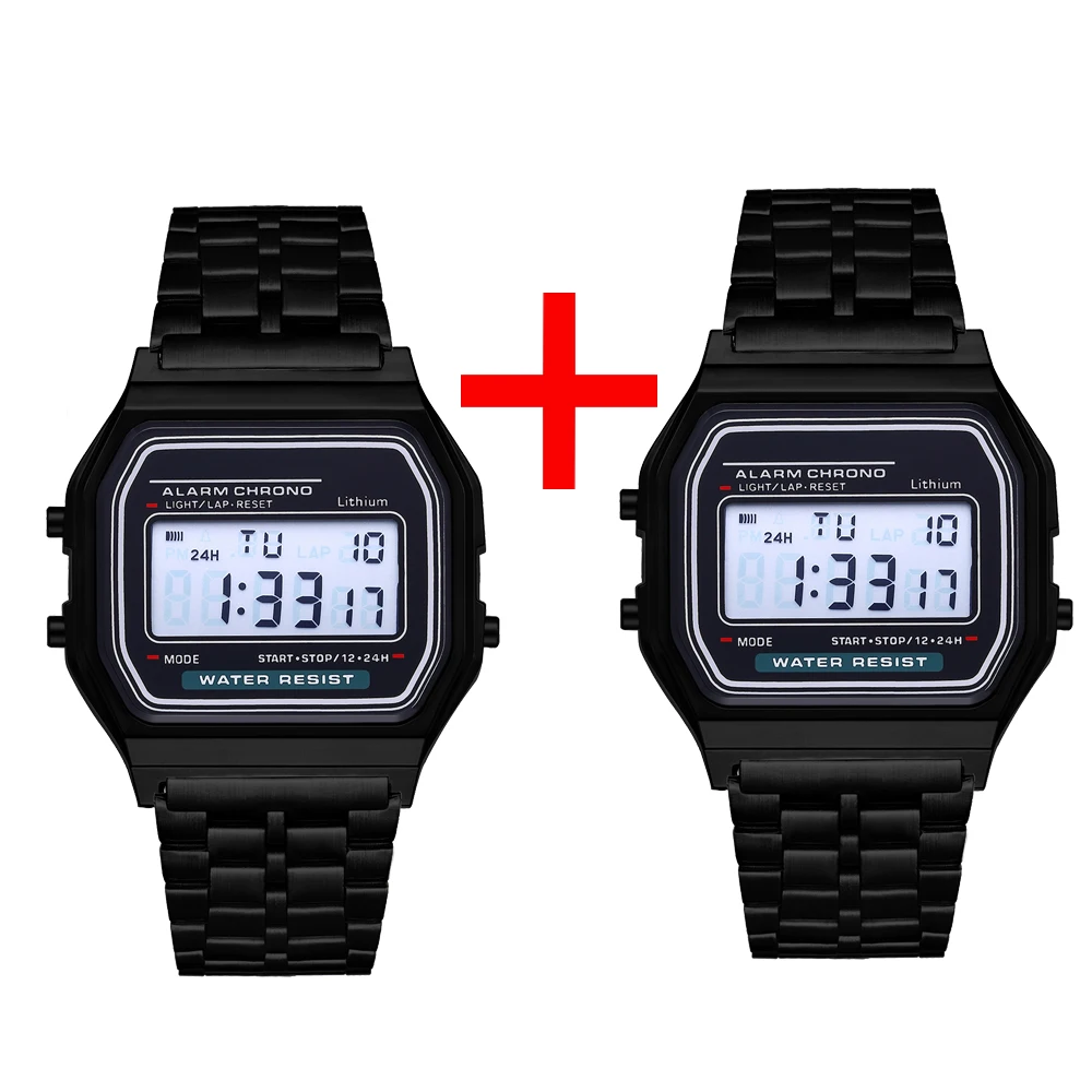 2Pcs Fashion Digital Men's Watches Gold Luxury Stainless Steel Link Bracelet Wrist Watch Band Business Electronic Male Clock