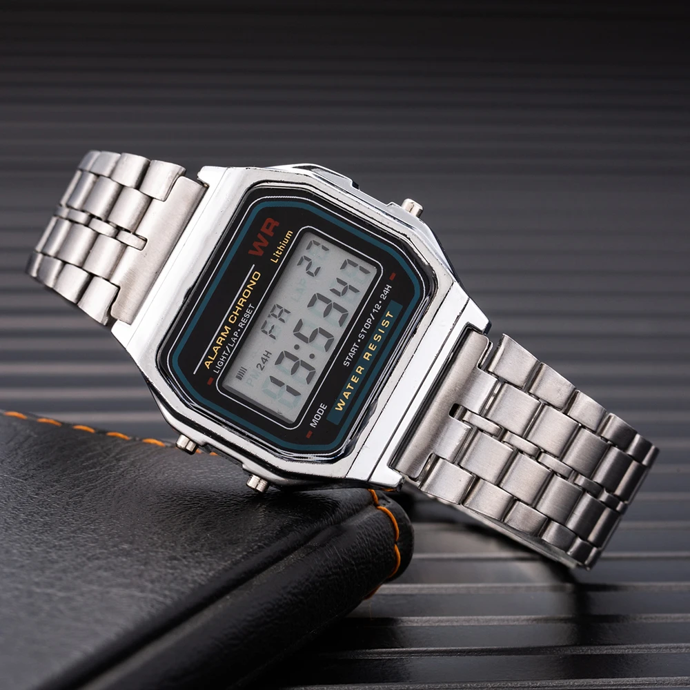 2Pcs Fashion Digital Men's Watches Gold Luxury Stainless Steel Link Bracelet Wrist Watch Band Business Electronic Male Clock