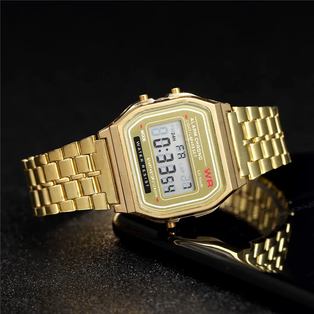 2Pcs Fashion Digital Men's Watches Gold Luxury Stainless Steel Link Bracelet Wrist Watch Band Business Electronic Male Clock