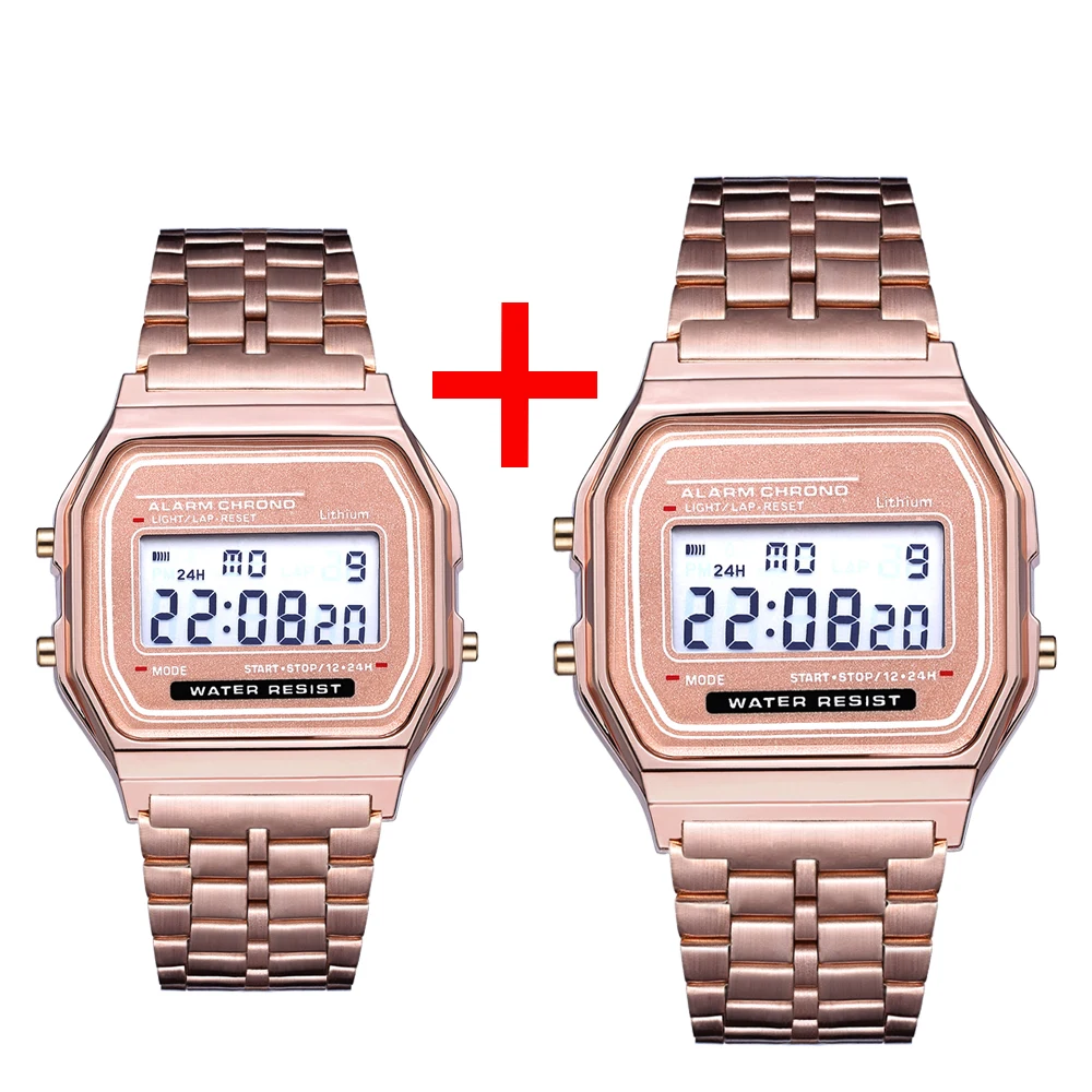 2Pcs Fashion Digital Men's Watches Gold Luxury Stainless Steel Link Bracelet Wrist Watch Band Business Electronic Male Clock