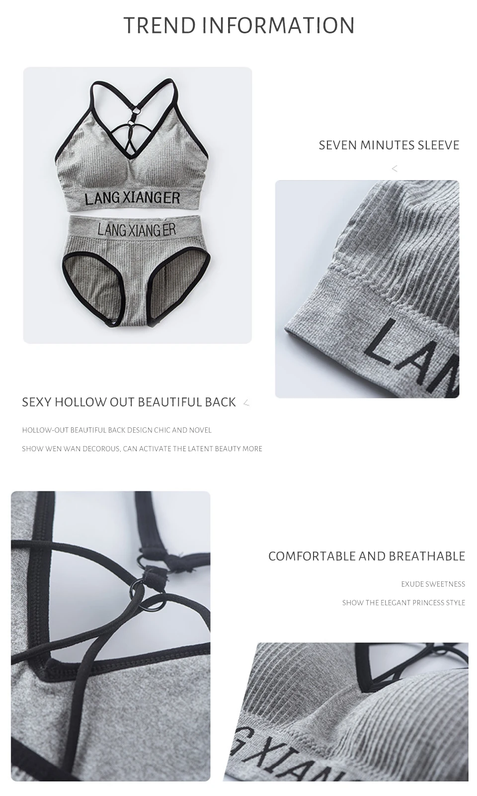 New Women's Cotton For Underwear Set Letter Sports Bra  Seamless Female Underwear Comfort No Steel Ring Suit Solid Color Chest