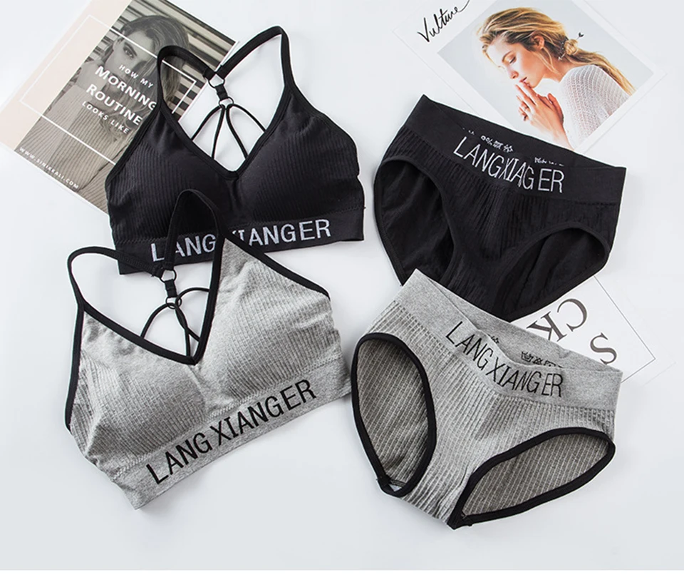 New Women's Cotton For Underwear Set Letter Sports Bra  Seamless Female Underwear Comfort No Steel Ring Suit Solid Color Chest