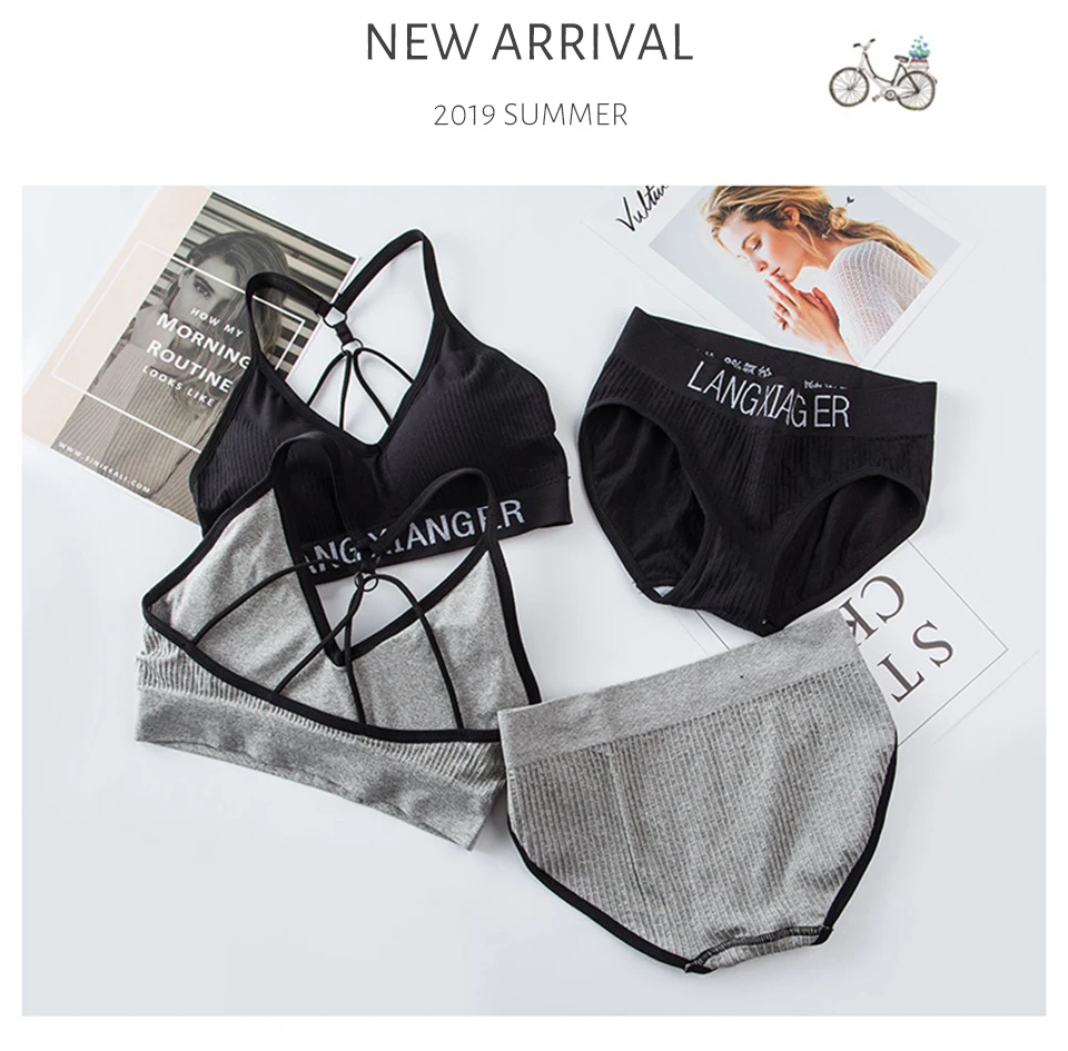 New Women's Cotton For Underwear Set Letter Sports Bra  Seamless Female Underwear Comfort No Steel Ring Suit Solid Color Chest