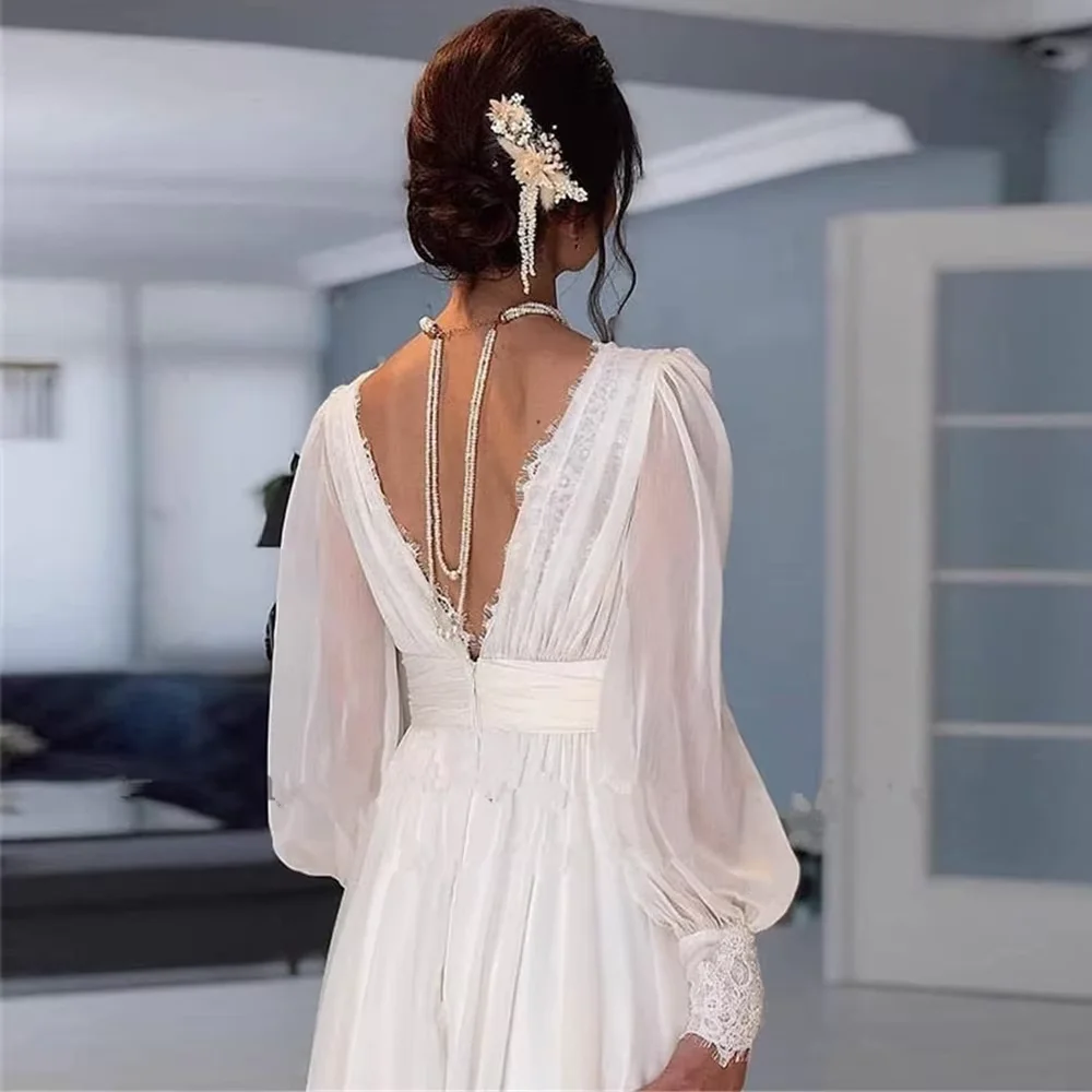 Vintage Lace Wedding Dress Long Puff Sleeves V Neck Chiffon A Line Bridal Gowns Backless Floor Length Elegant Boho Robe De Noiva