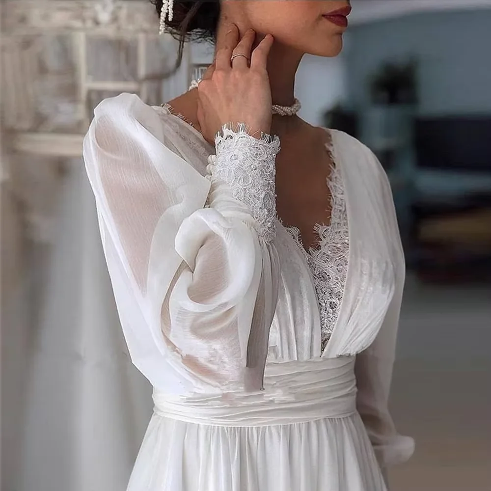 Vintage Lace Wedding Dress Long Puff Sleeves V Neck Chiffon A Line Bridal Gowns Backless Floor Length Elegant Boho Robe De Noiva