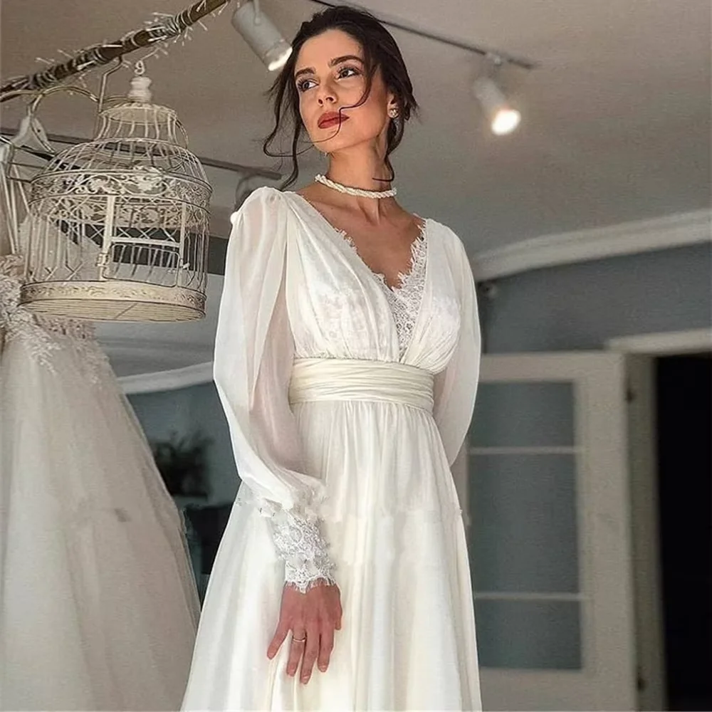 Vintage Lace Wedding Dress Long Puff Sleeves V Neck Chiffon A Line Bridal Gowns Backless Floor Length Elegant Boho Robe De Noiva