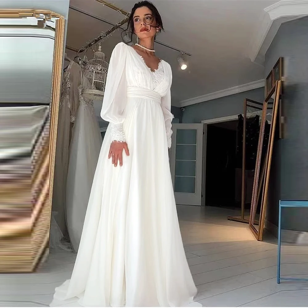 Vintage Lace Wedding Dress Long Puff Sleeves V Neck Chiffon A Line Bridal Gowns Backless Floor Length Elegant Boho Robe De Noiva