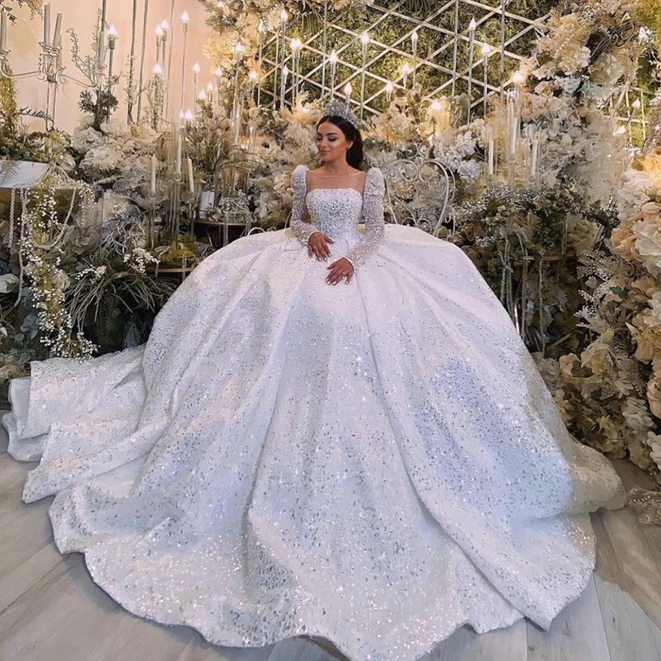 Customized Princess Sequined Beading Ball Gown Wedding Dresses 2026 Square Collar Illusion Dubai Bride Gowns Vestido De Noiva