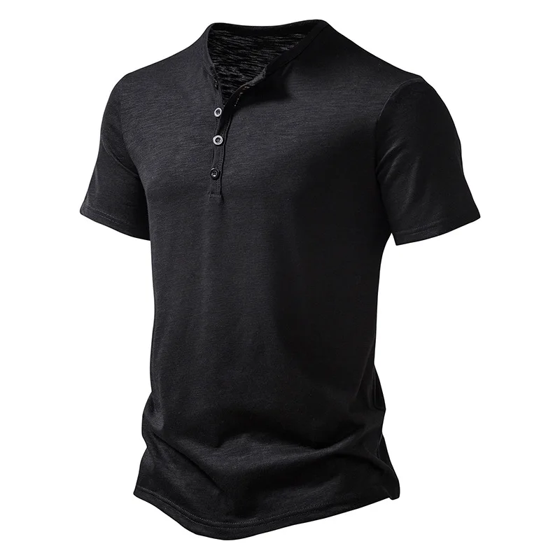 Henley Collar Summer Men Casual Solid Color Short Sleeve T Shirt for Men Polo men High QualityMens T Shirts
