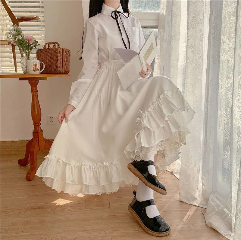 Japanese ruffles pleated skirt woman sweet high waist loose Ankle-length skirts women college style black patchwork A-line skirt
