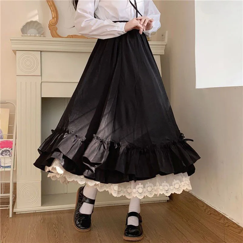 Japanese ruffles pleated skirt woman sweet high waist loose Ankle-length skirts women college style black patchwork A-line skirt
