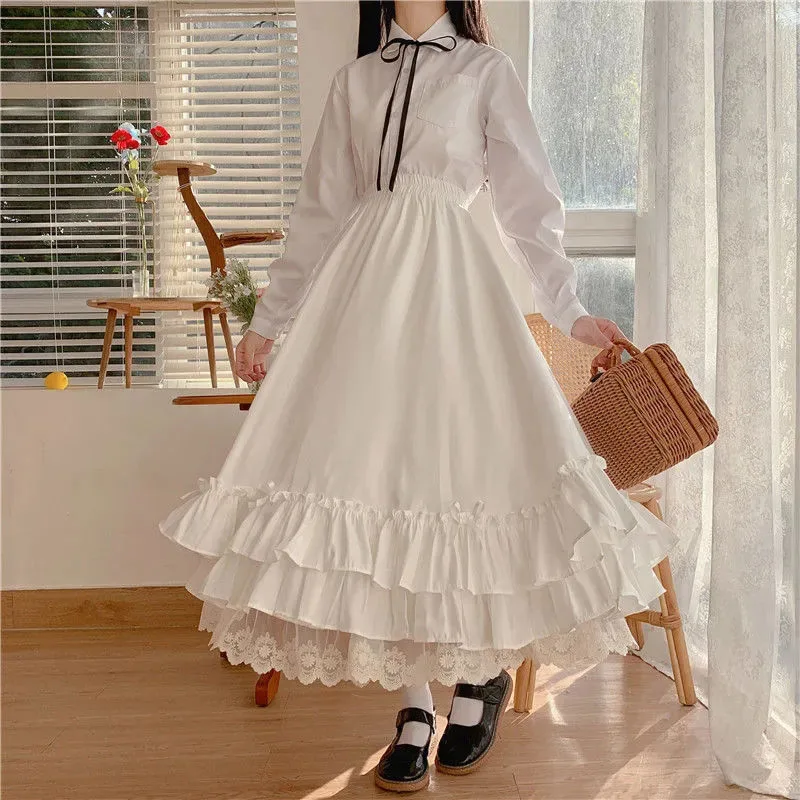 Japanese ruffles pleated skirt woman sweet high waist loose Ankle-length skirts women college style black patchwork A-line skirt