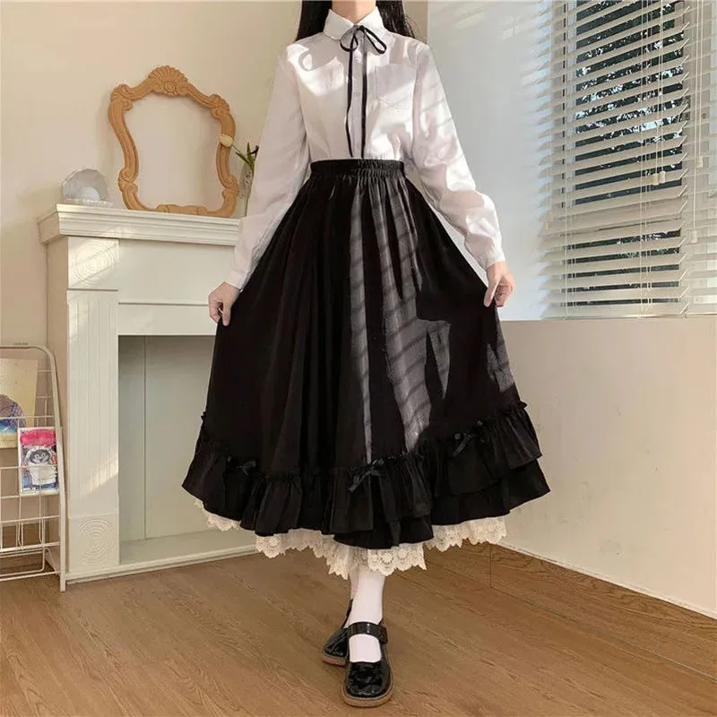 Japanese ruffles pleated skirt woman sweet high waist loose Ankle-length skirts women college style black patchwork A-line skirt