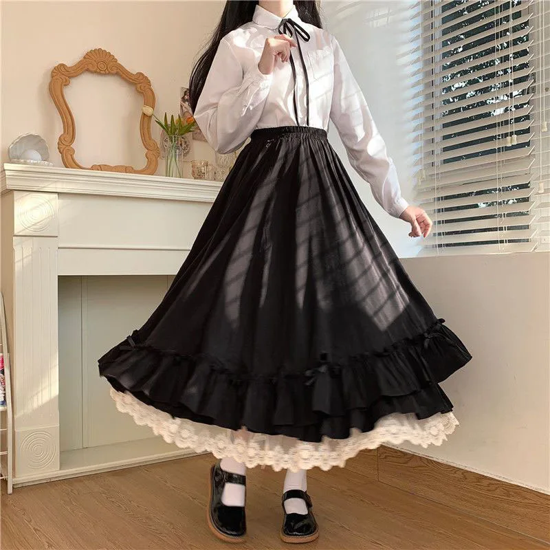 Japanese ruffles pleated skirt woman sweet high waist loose Ankle-length skirts women college style black patchwork A-line skirt