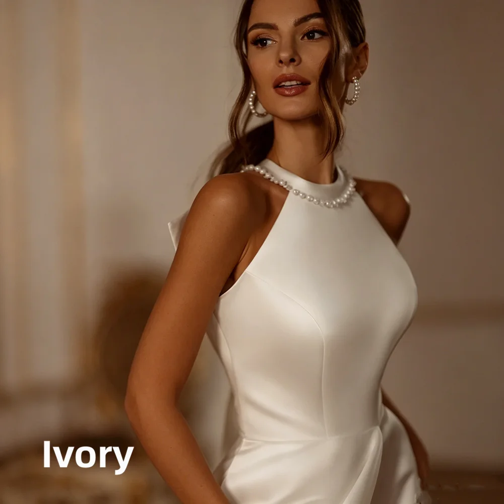 Satin Wedding Dress Halter Neck Pearl Collar Big Bow Open Back High Slit A-Line Bridal Gown Long Train Wedding Bridal Party 2026