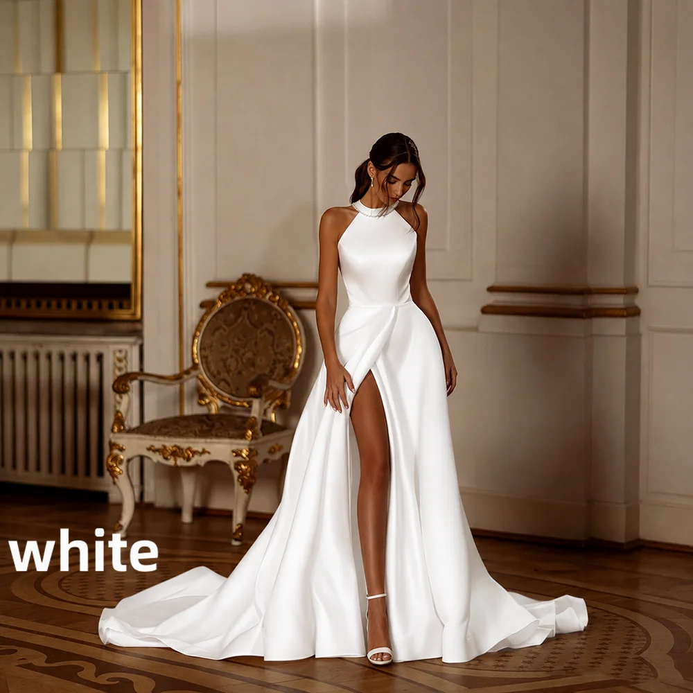 Satin Wedding Dress Halter Neck Pearl Collar Big Bow Open Back High Slit A-Line Bridal Gown Long Train Wedding Bridal Party 2026