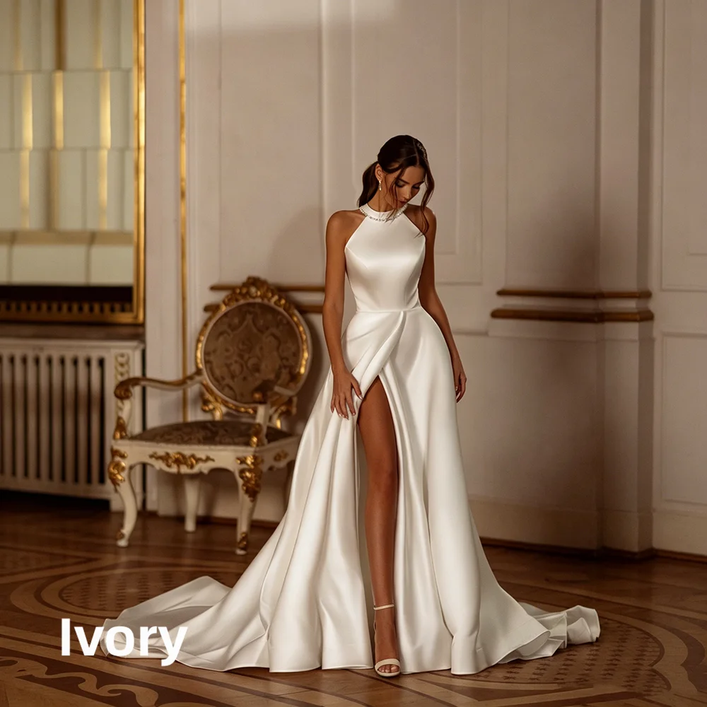 Satin Wedding Dress Halter Neck Pearl Collar Big Bow Open Back High Slit A-Line Bridal Gown Long Train Wedding Bridal Party 2026
