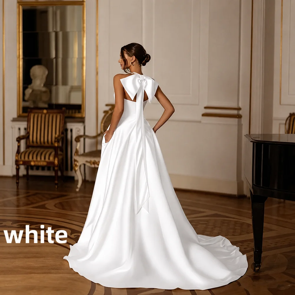 Satin Wedding Dress Halter Neck Pearl Collar Big Bow Open Back High Slit A-Line Bridal Gown Long Train Wedding Bridal Party 2026