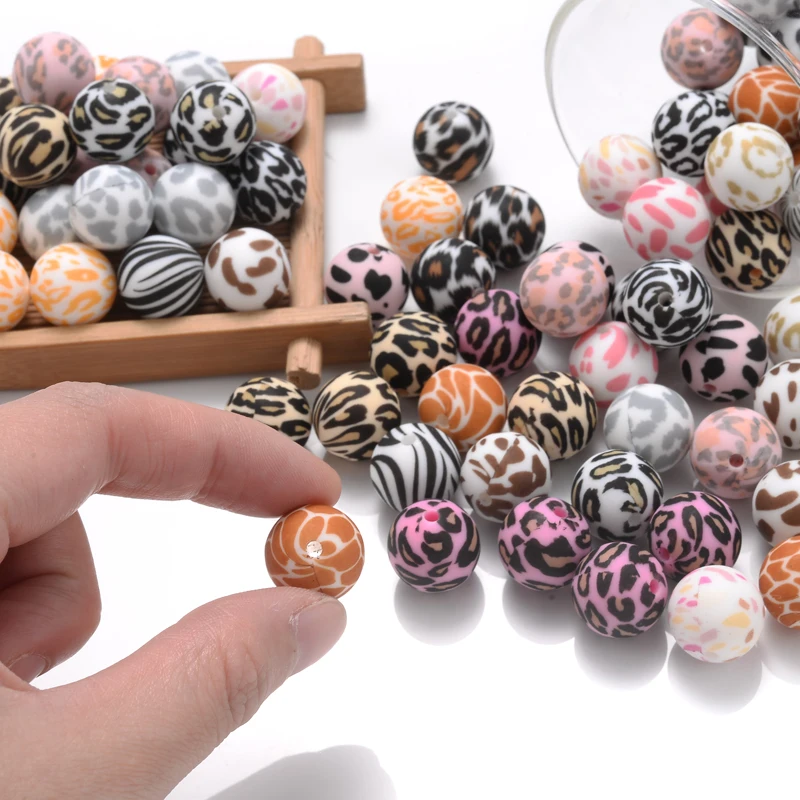 15mm 10Pcs Teether Silicone Beads Leopard Print Round Teething Beads For Baby Pacifier Chain Dummy Holder Clip DIY Necklace