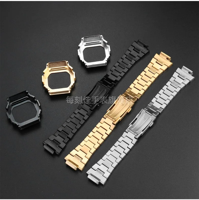 For Casio G-SHOCK metal case strap stainless steel Suit DW5600/GW-M5610/5000 GW-B5600 Modified Cool style Golden black watchband
