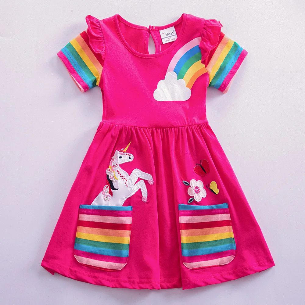 Girls' Short Sleeve Unicorn Dress New Summer Embroidered Two Pockets Rainbow Sleeve Children's SH81035