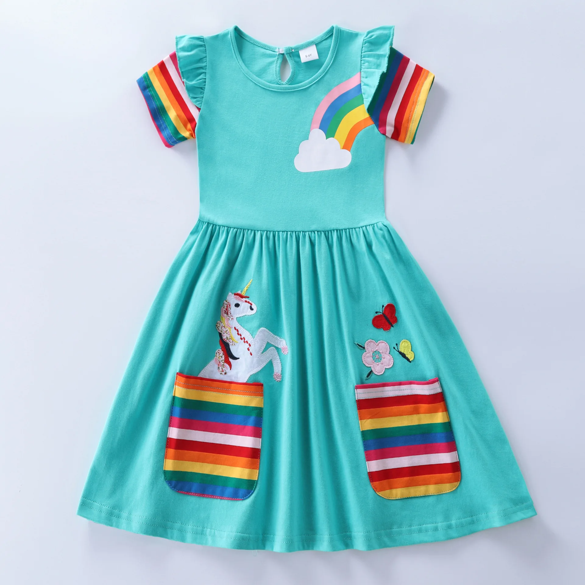 Girls' Short Sleeve Unicorn Dress New Summer Embroidered Two Pockets Rainbow Sleeve Children's SH81035