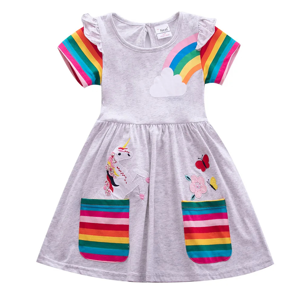 Girls' Short Sleeve Unicorn Dress New Summer Embroidered Two Pockets Rainbow Sleeve Children's SH81035