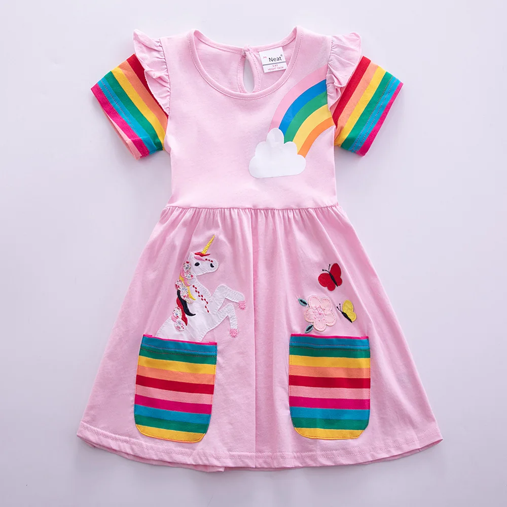 Girls' Short Sleeve Unicorn Dress New Summer Embroidered Two Pockets Rainbow Sleeve Children's SH81035