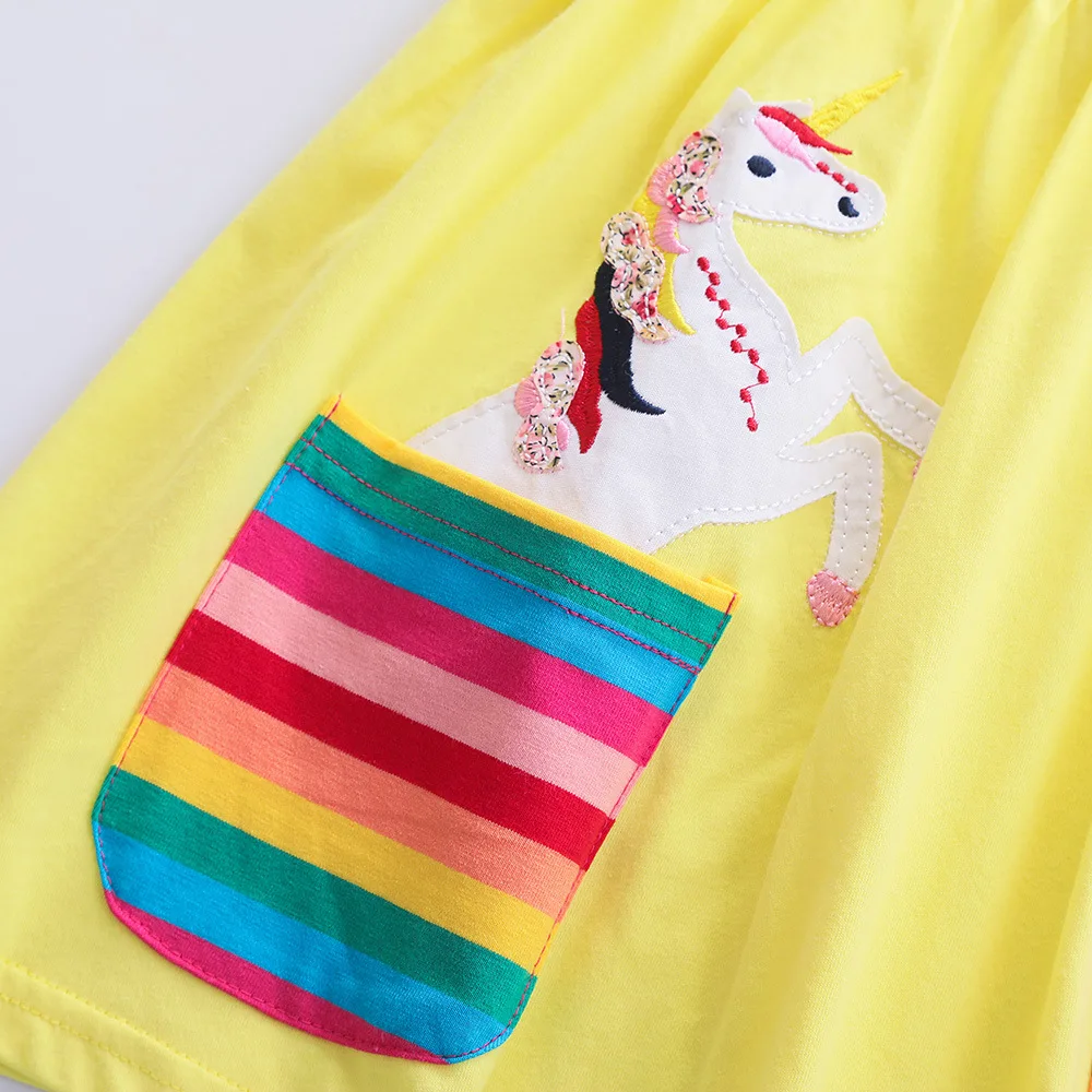 Girls' Short Sleeve Unicorn Dress New Summer Embroidered Two Pockets Rainbow Sleeve Children's SH81035