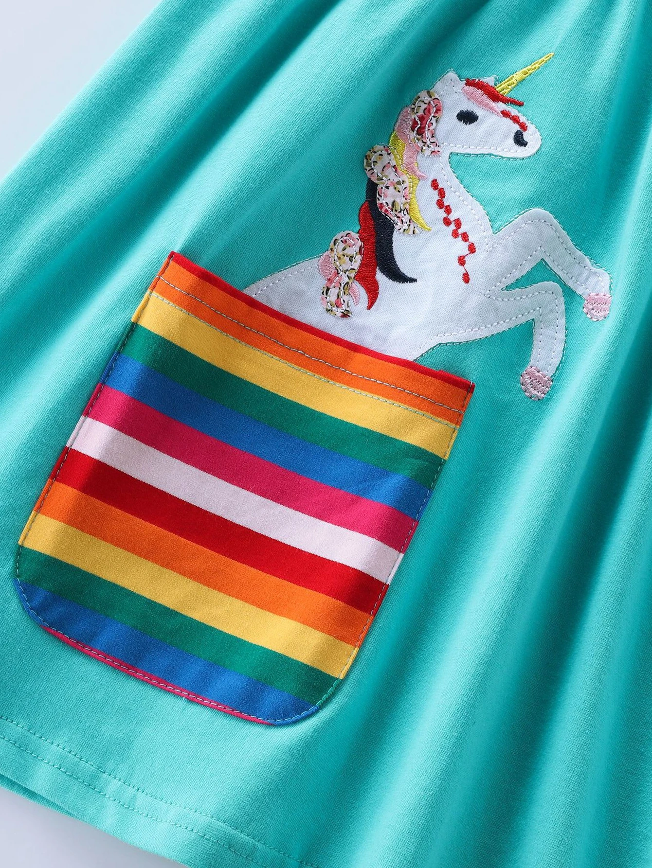 Girls' Short Sleeve Unicorn Dress New Summer Embroidered Two Pockets Rainbow Sleeve Children's SH81035